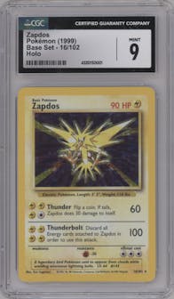 Zapdos from the 1999 Pokemon set graded by CSG and given an overall grade of 9.