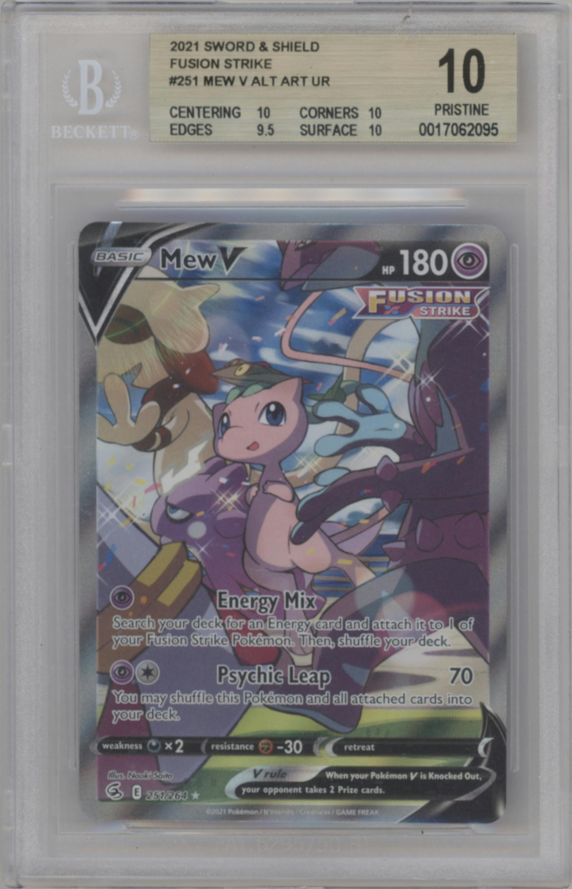 Mew V from the 2021 Pokemon SWSH set graded by Beckett and given an overall grade of 10.