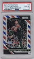 Giannis Antetokounmpo from the 2018-19 Panini Prizm set featuring a Red White Blue Prizm parallel graded by PSA and given an overall grade of 10.