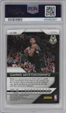 Giannis Antetokounmpo from the 2018-19 Panini Prizm set featuring a Red White Blue Prizm parallel graded by PSA and given an overall grade of 10.