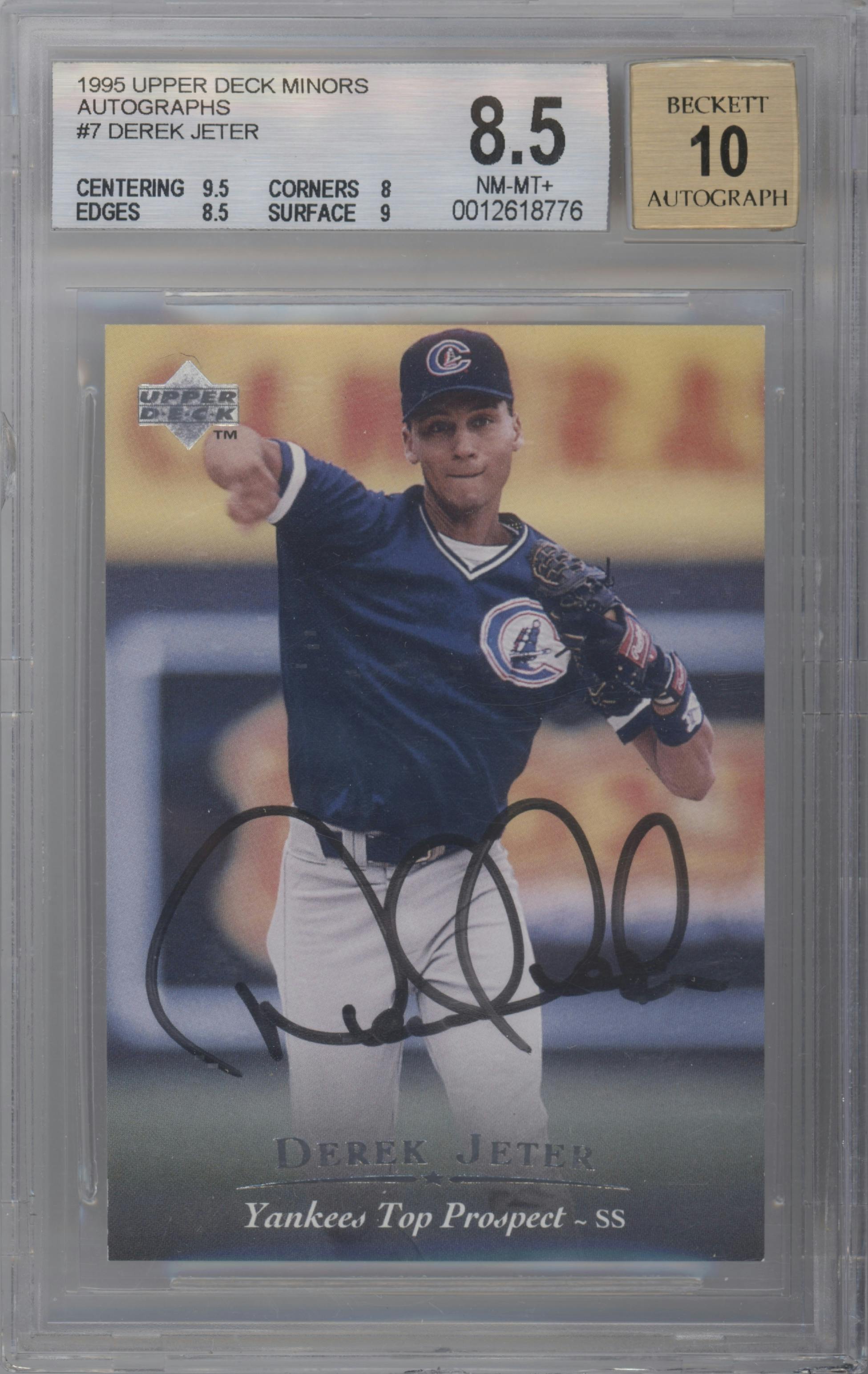 Derek Jeter from the 1995 Upper Deck Minor League set graded by Beckett and given an overall grade of 8.5.