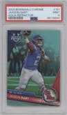 Jaxson Dart from the 2023 Bowman Chrome University set featuring a Aqua Refractor parallel graded by PSA and given an overall grade of 9.