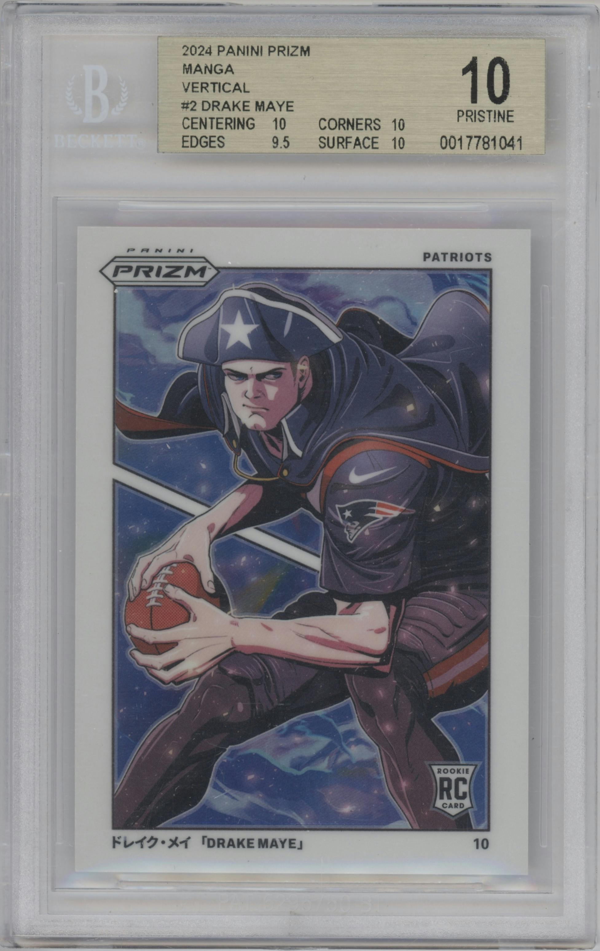 Drake Maye from the 2024 Panini Prizm set graded by Beckett and given an overall grade of 10.