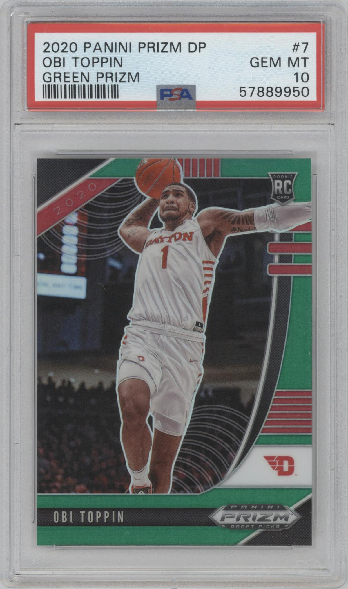 Obi Toppin from the 2020-21 Panini Prizm Draft Picks set featuring a Green Prizm parallel graded by PSA and given an overall grade of 10.
