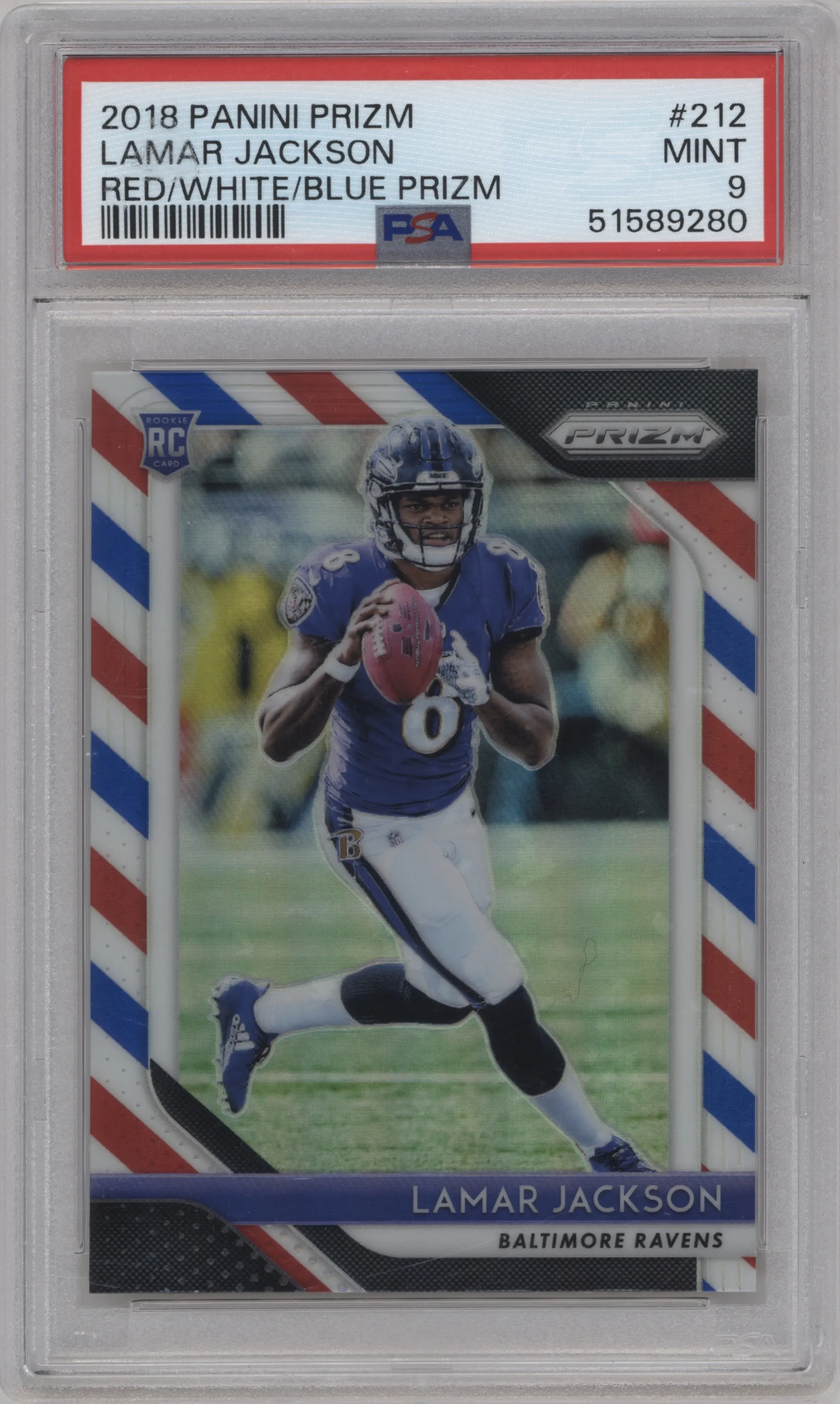 2018 Panini Prizm Lamar Jackson Red/White/Blue Prizm #212 PSA 9