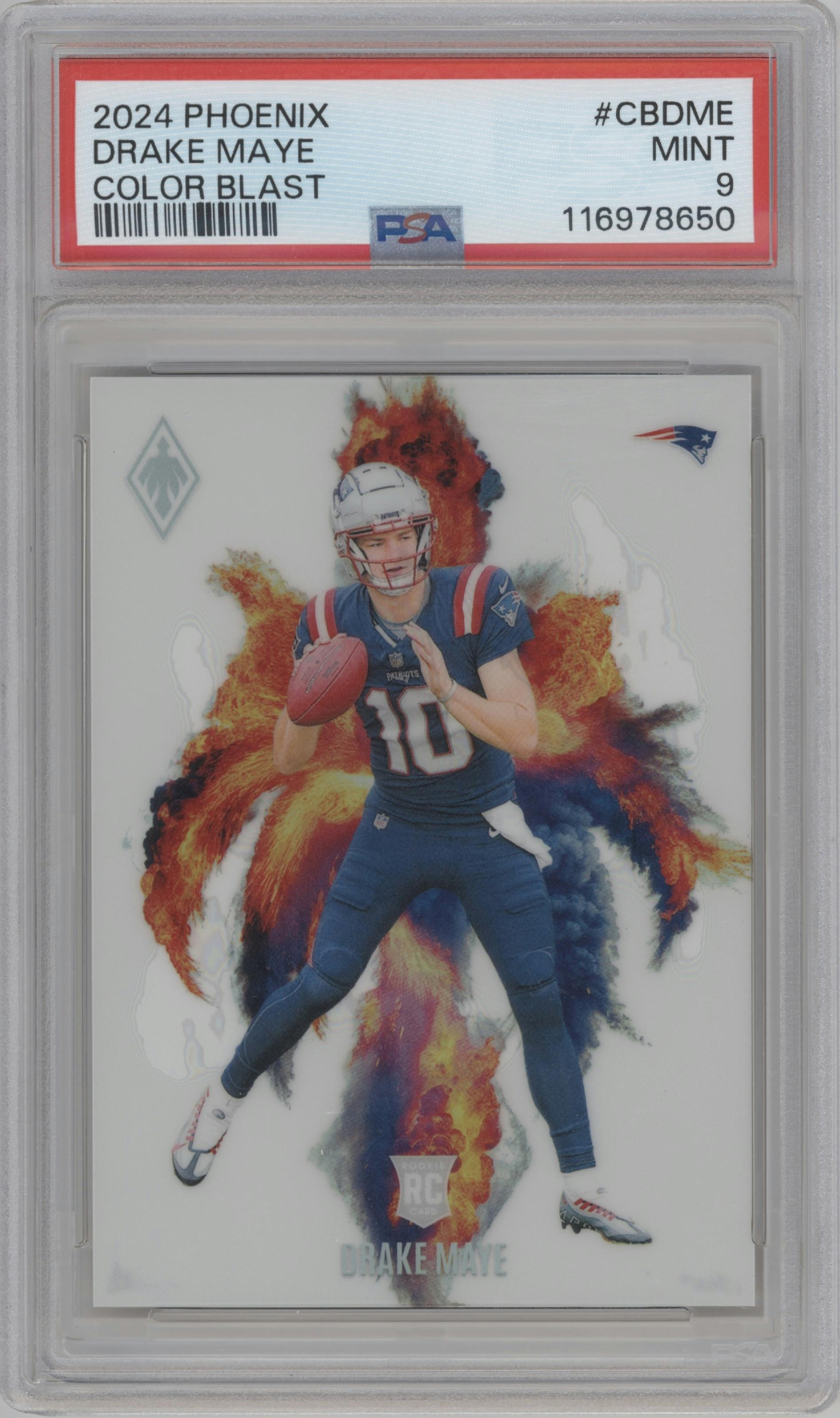 Drake Maye from the 2024 Panini Phoenix set graded by PSA and given an overall grade of 9.