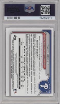 Aidan Miller from the 2024 Bowman set graded by PSA and given an overall grade of 10.