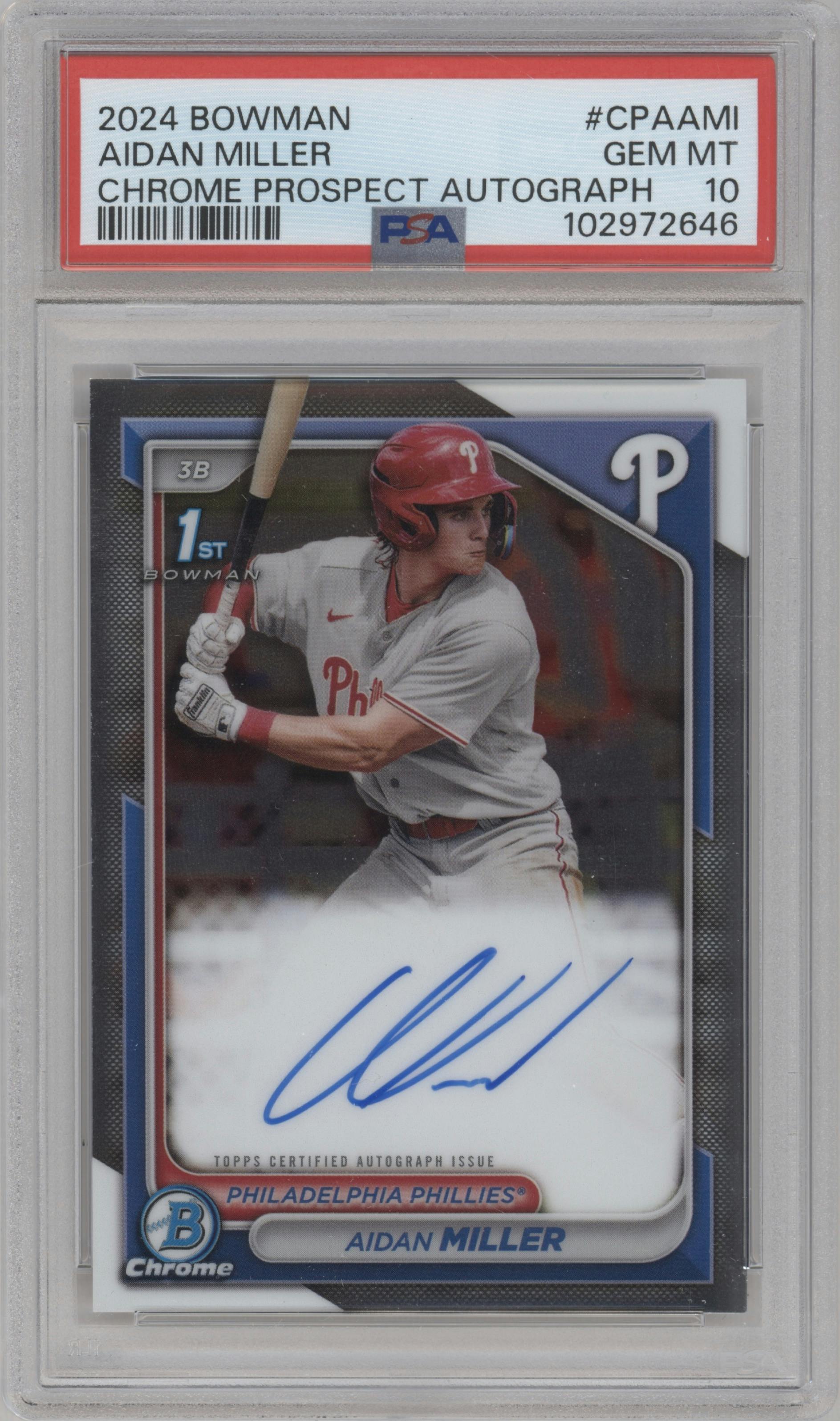 Aidan Miller from the 2024 Bowman set graded by PSA and given an overall grade of 10.