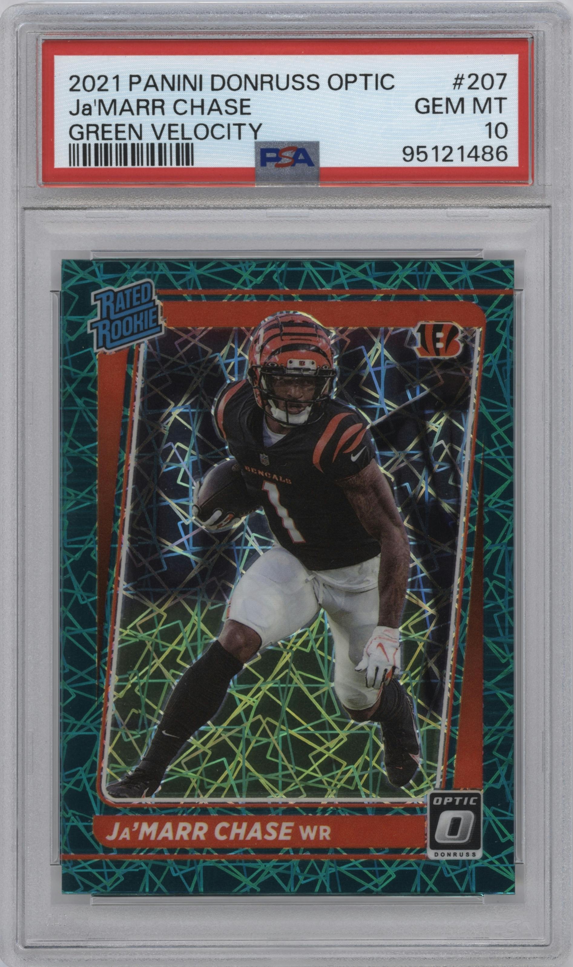Ja'Marr Chase from the 2021 Panini Donruss Optic set featuring a Green Velocity parallel graded by PSA and given an overall grade of 10.