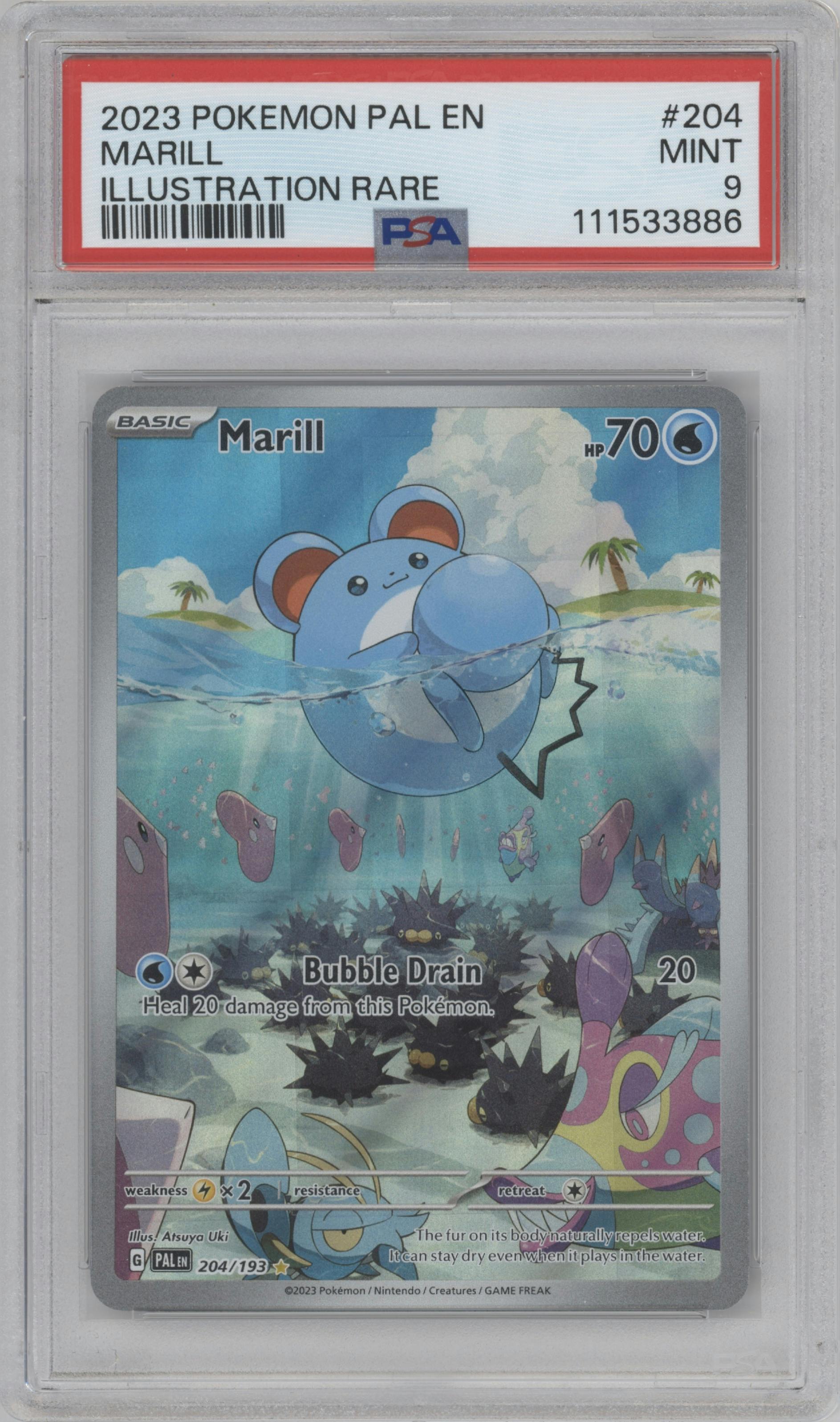 Marill from the 2023 Pokemon SV set graded by PSA and given an overall grade of 9.