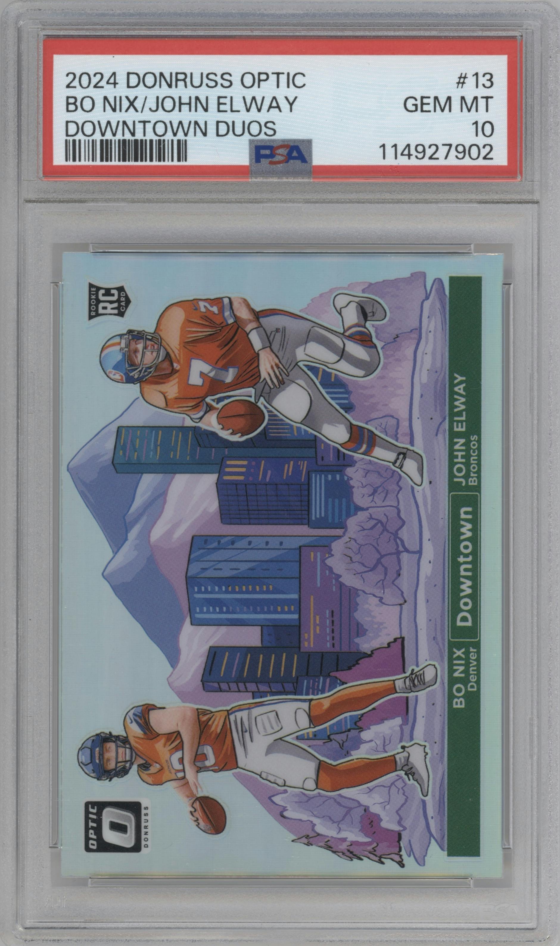 Bo Nix/John Elway from the 2024 Donruss Optic set graded by PSA and given an overall grade of 10.