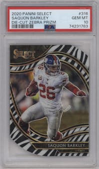 Saquon Barkley from the 2020 Panini Select set featuring a Die-Cut Zebra parallel graded by PSA and given an overall grade of 10.