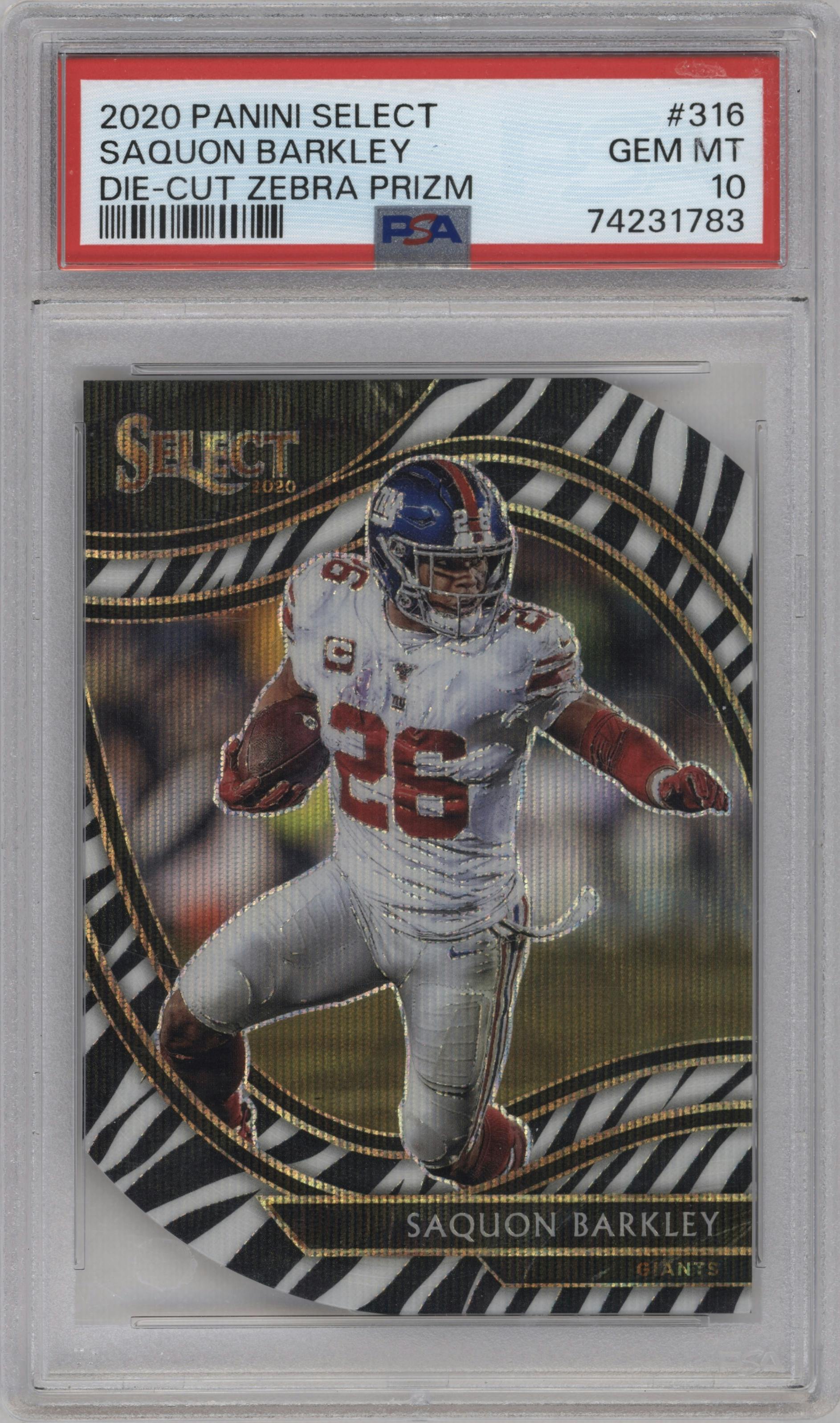 Saquon Barkley from the 2020 Panini Select set featuring a Die-Cut Zebra parallel graded by PSA and given an overall grade of 10.