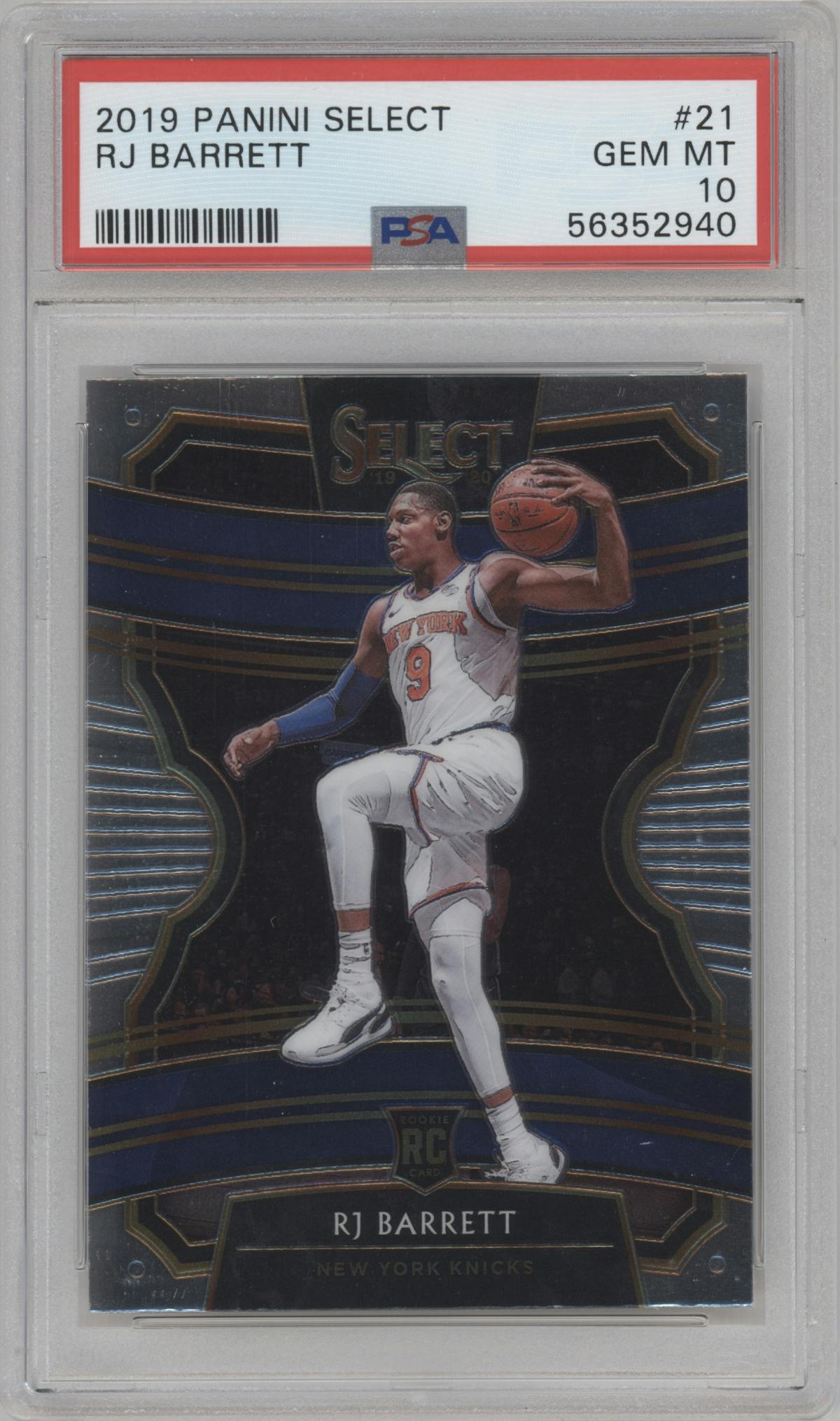 RJ Barrett from the 2019-20 Panini Select set graded by PSA and given an overall grade of 10.