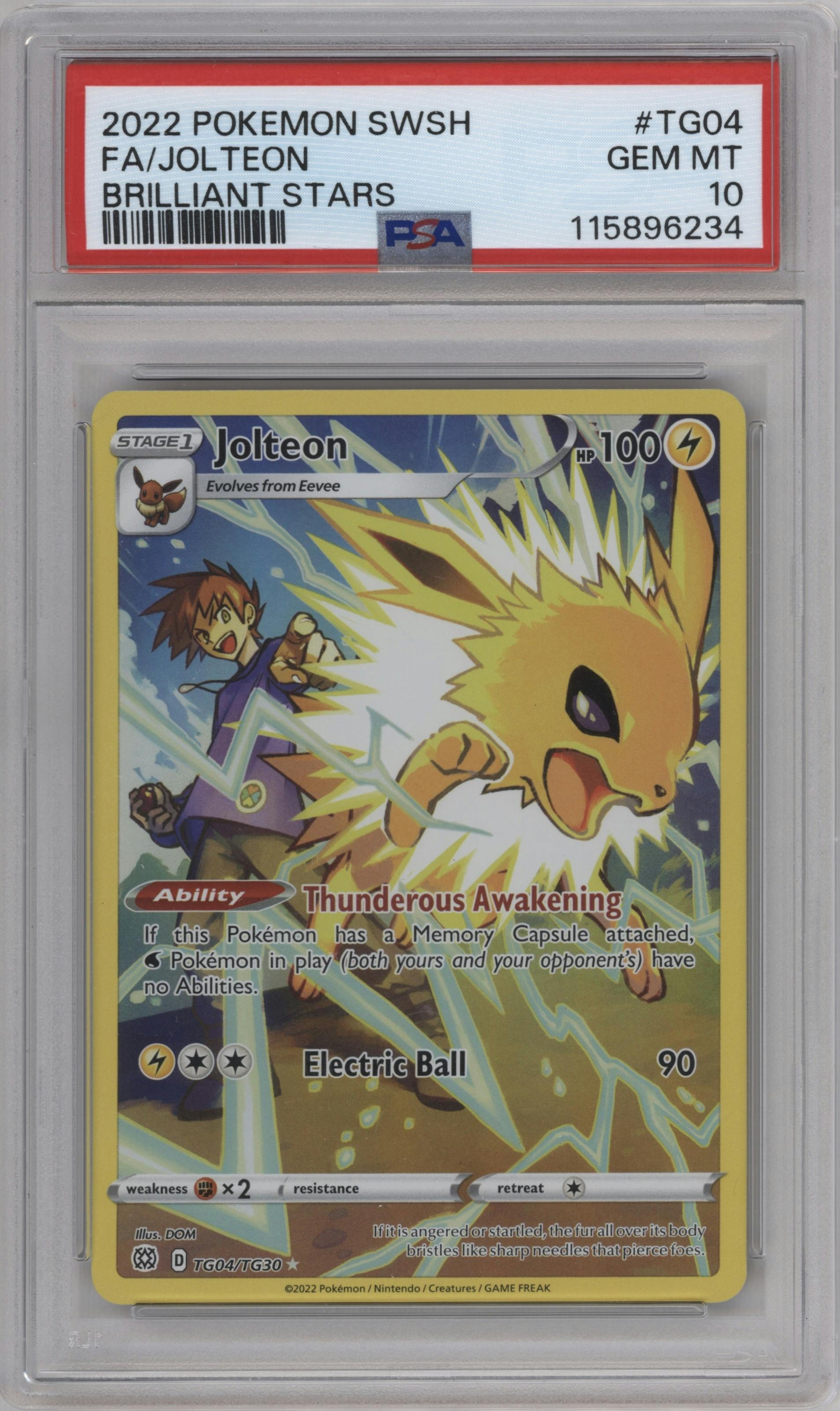 Jolteon from the 2022 Pokemon SWSH set graded by PSA and given an overall grade of 10.