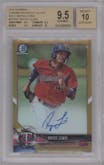 Royce Lewis from the 2018 Bowman set featuring a Gold Refractor parallel graded by Beckett and given an overall grade of 9.5.