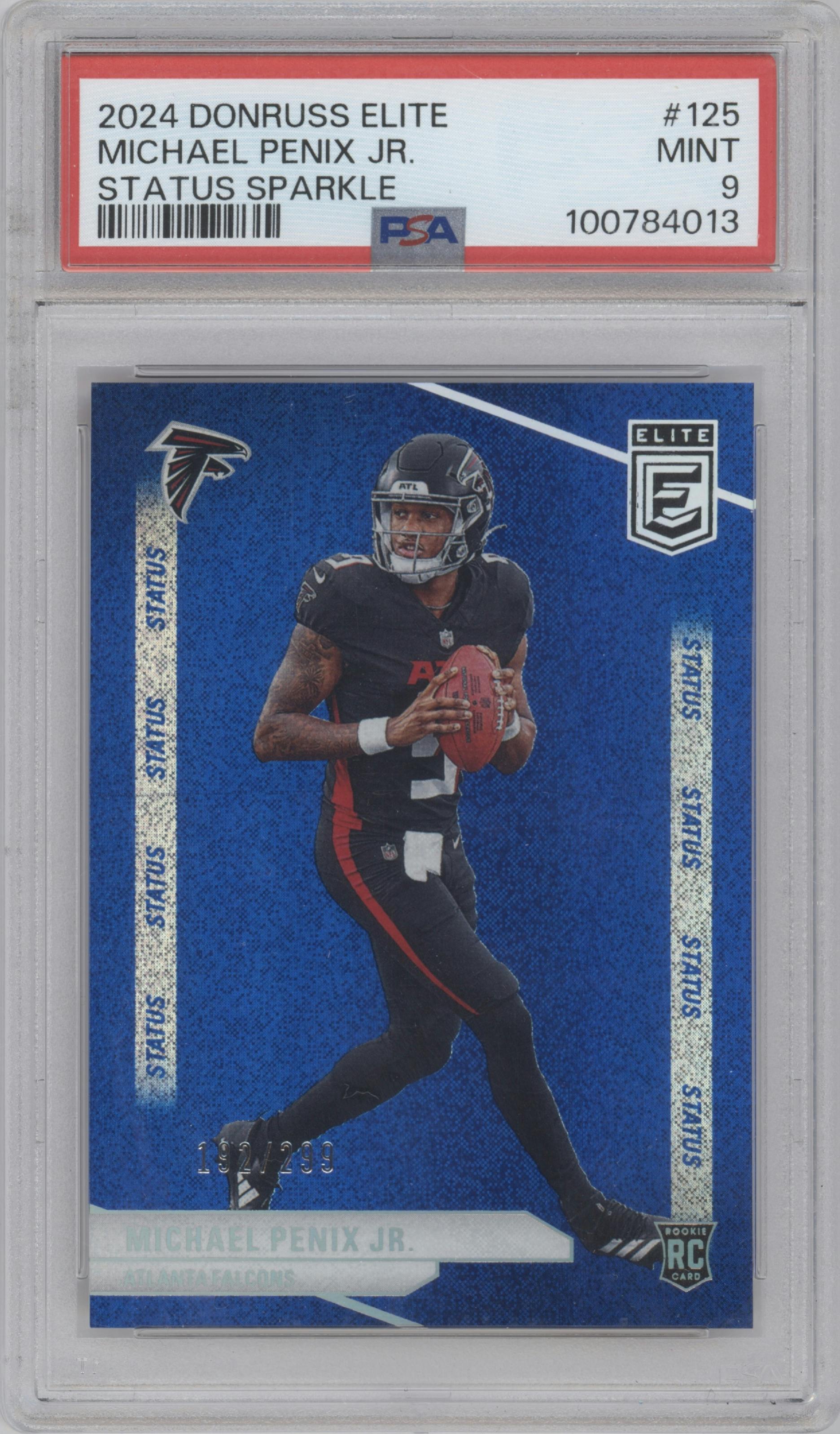 Michael Penix Jr. from the 2024 Panini Donruss Elite set featuring a Sparkle parallel graded by PSA and given an overall grade of 9.