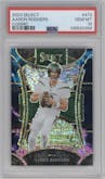 Aaron Rodgers from the 2023 Panini Select set featuring a Cosmic parallel graded by PSA and given an overall grade of 10.