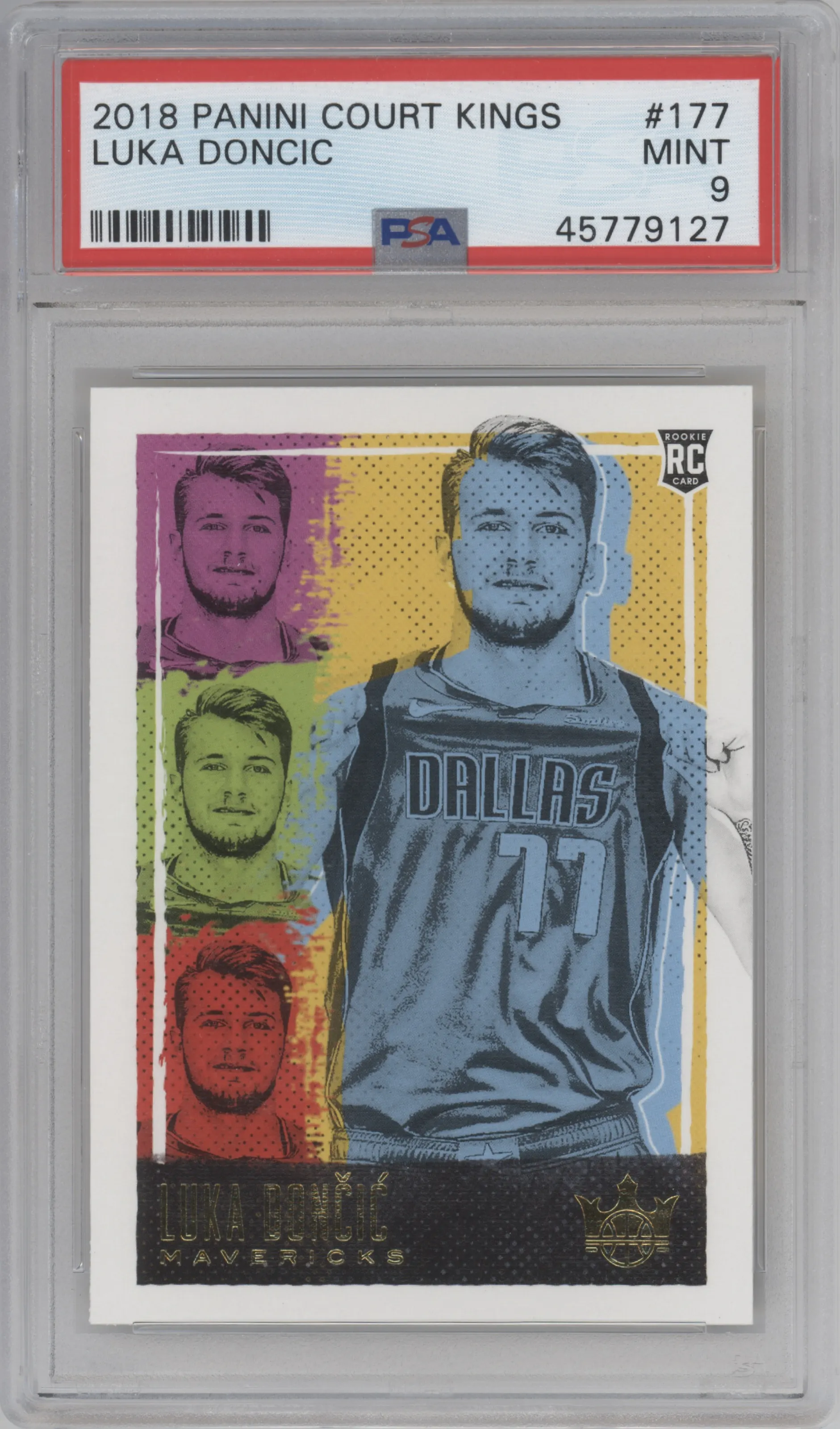 Luka Doncic from the 2018-19 Panini Court Kings  set graded by PSA and given an overall grade of 9.