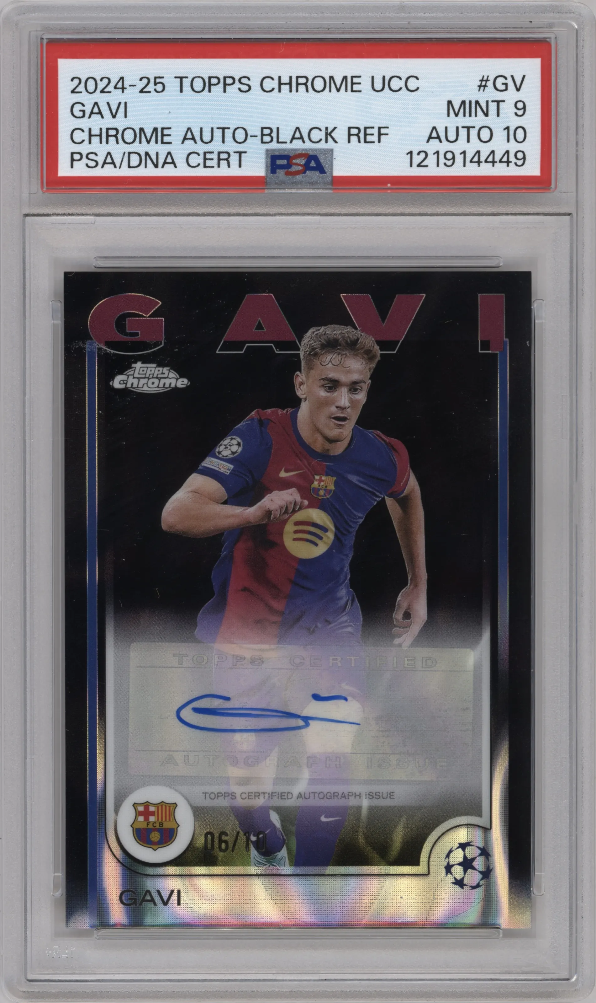 2024 Topps Chrome UEFA Club Competitions Chrome Auto Gavi Black Refractor PSA 9