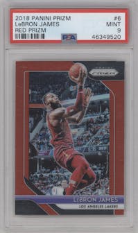 LeBron James from the 2018-19 Panini Prizm set featuring a Red Prizm parallel graded by PSA and given an overall grade of 9.