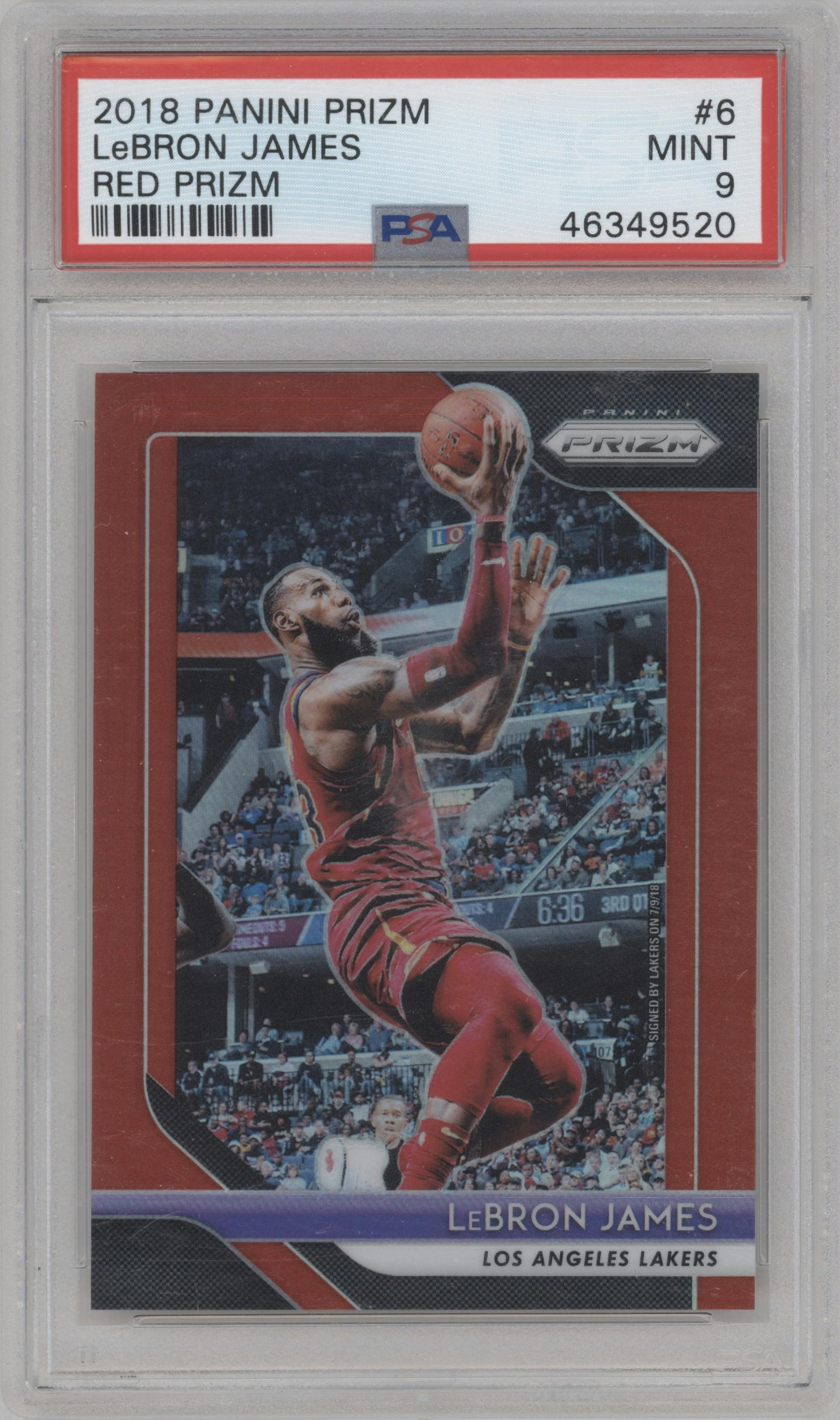 LeBron James from the 2018-19 Panini Prizm set featuring a Red Prizm parallel graded by PSA and given an overall grade of 9.