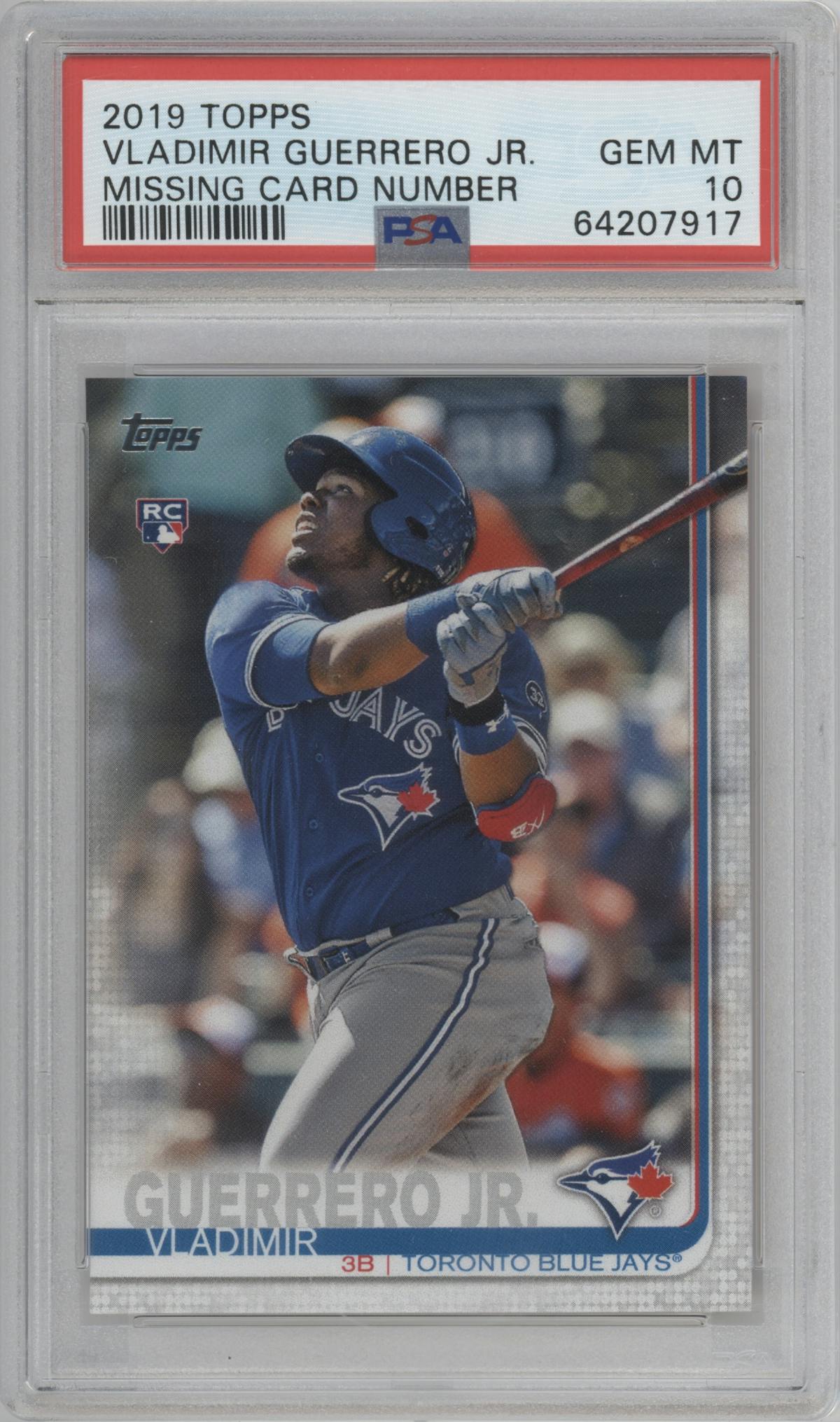Vladimir Guerrero Jr. from the 2019 Topps Series 2 set featuring a SP No Card Number parallel graded by PSA and given an overall grade of 10.