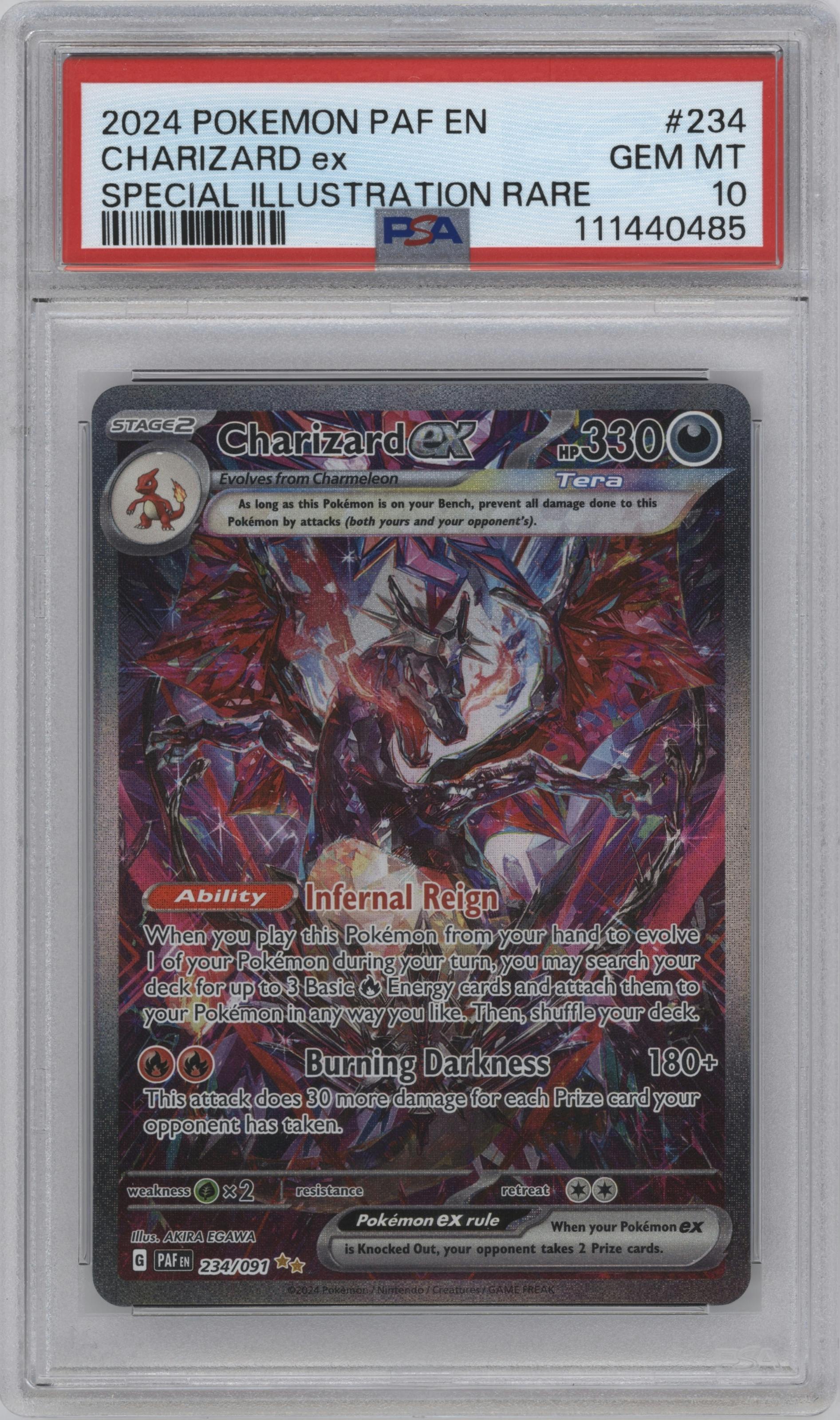 Charizard ex from the 2024 Pokemon SV set graded by PSA and given an overall grade of 10.