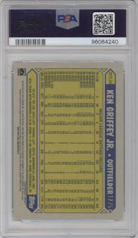 Ken Griffey Jr. from the 2022 Topps Silver Pack  set featuring a Gold parallel graded by PSA and given an overall grade of 9.