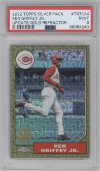 Ken Griffey Jr. from the 2022 Topps Silver Pack  set featuring a Gold parallel graded by PSA and given an overall grade of 9.