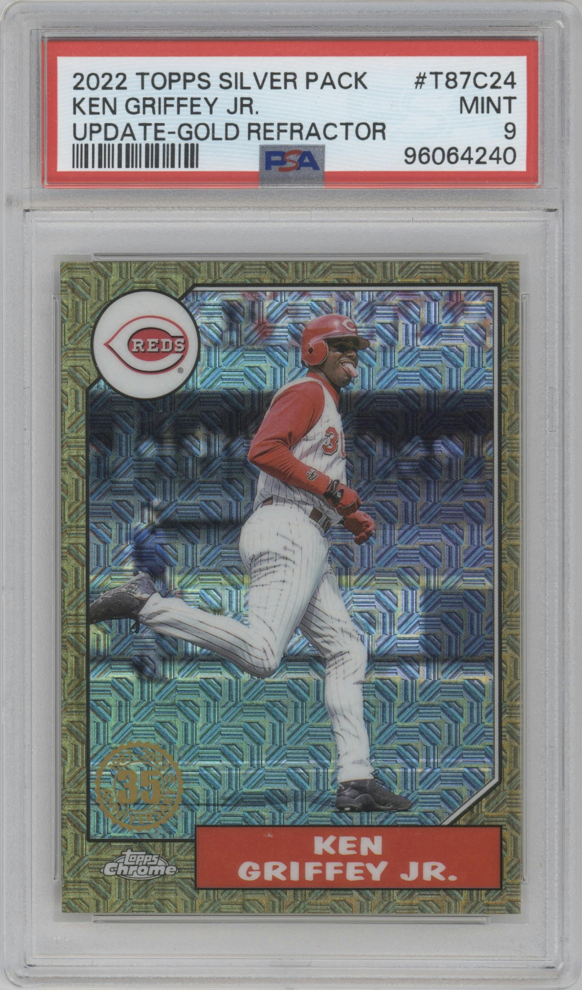 Ken Griffey Jr. from the 2022 Topps Silver Pack  set featuring a Gold parallel graded by PSA and given an overall grade of 9.
