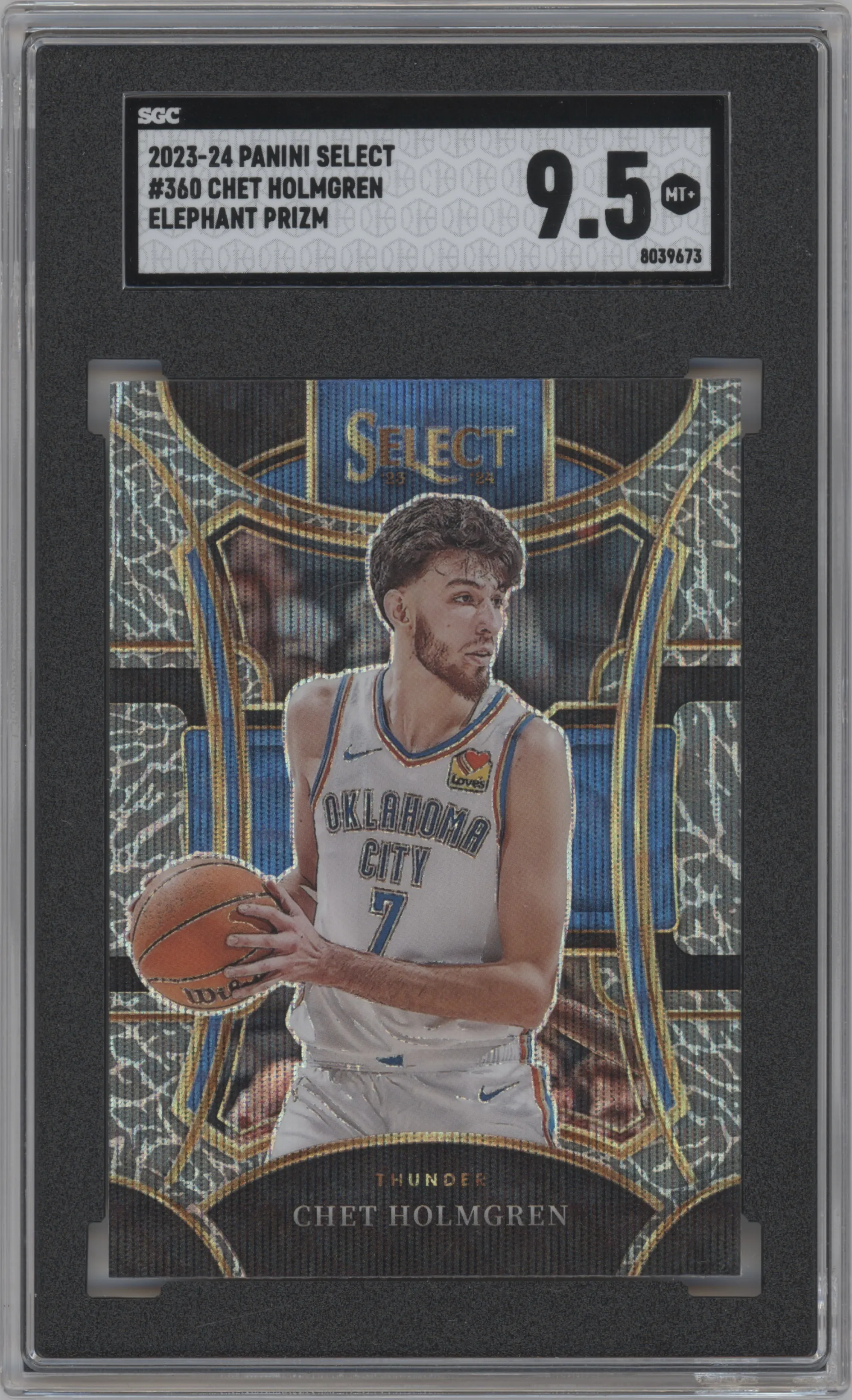 Chet Holmgren from the 2023-24 Panini Select  set featuring a Elephant Prizm parallel graded by SGC and given an overall grade of 9.5.