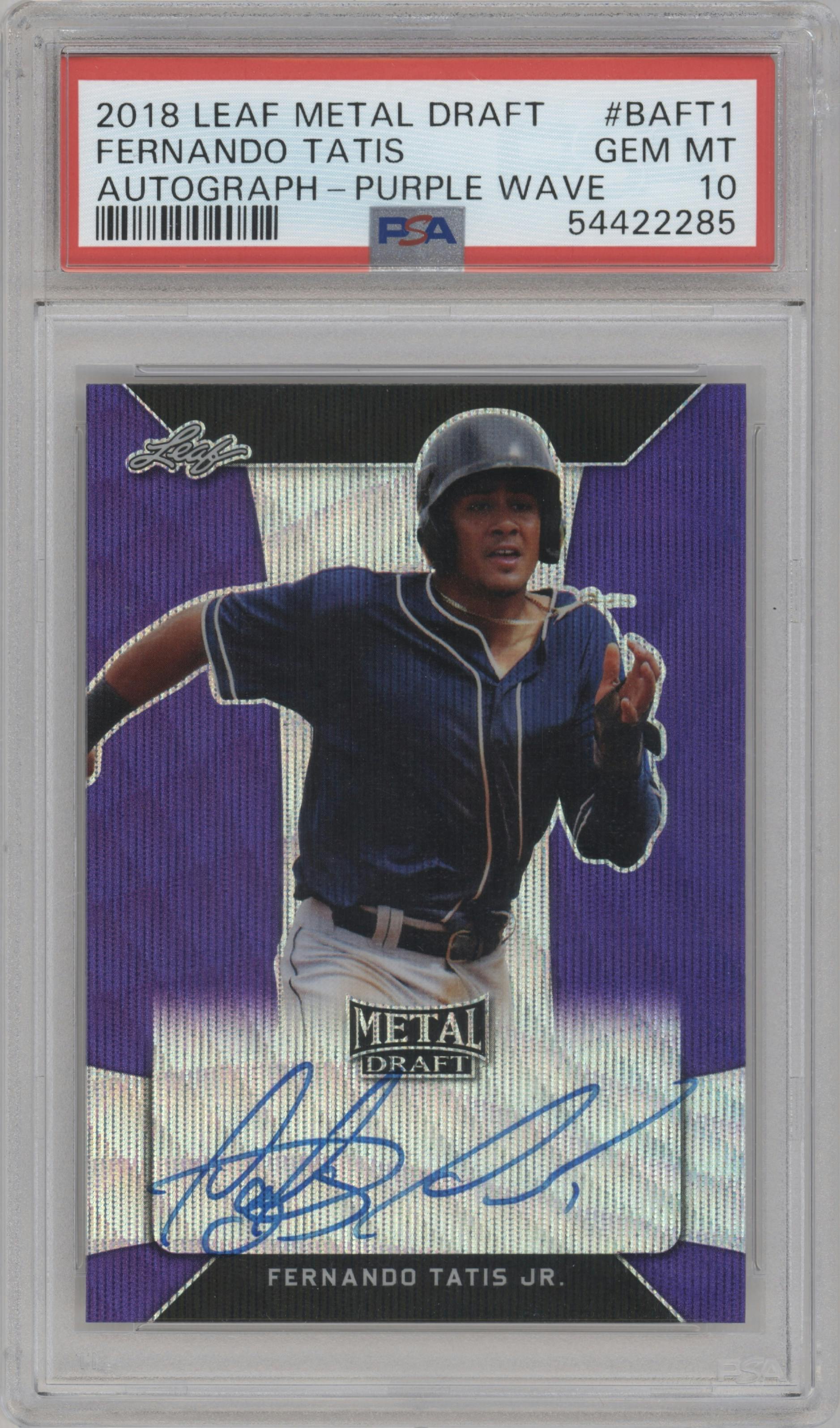 Fernando Tatis Jr. from the 2018 Leaf Metal Draft set featuring a Purple parallel graded by PSA and given an overall grade of 10.