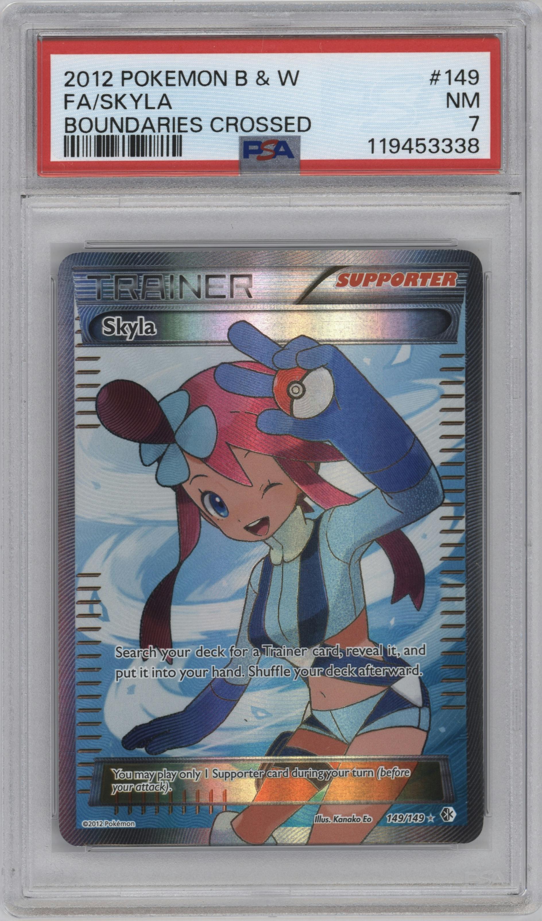 Skyla from the 2012 Pokemon B&W set graded by PSA and given an overall grade of 7.
