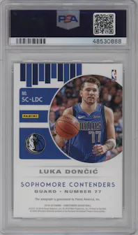 Luka Doncic from the 2019-20 Panini Contenders set featuring a Gold parallel graded by PSA and given an overall grade of 10.
