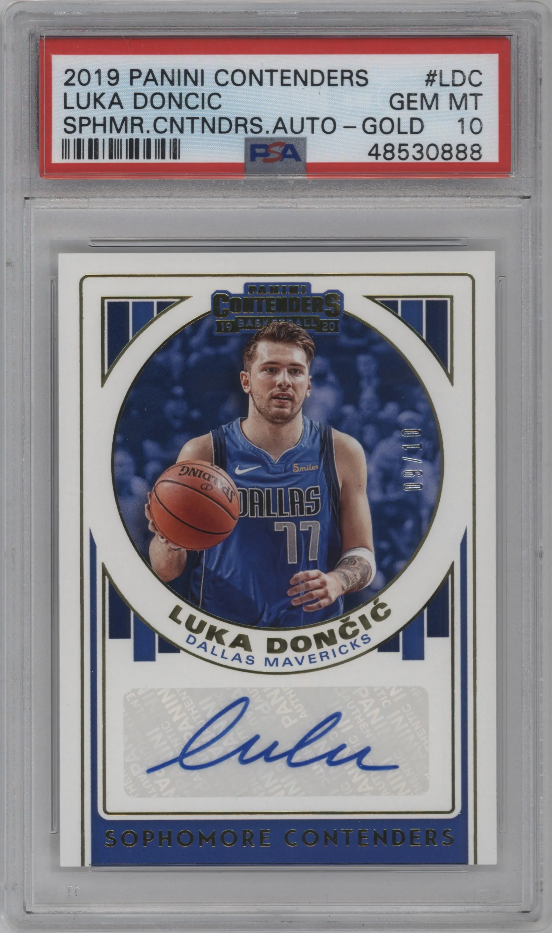Luka Doncic from the 2019-20 Panini Contenders set featuring a Gold parallel graded by PSA and given an overall grade of 10.