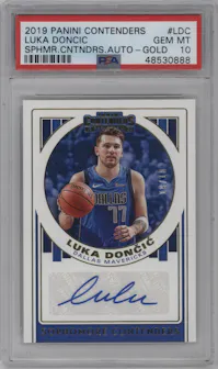 Luka Doncic from the 2019-20 Panini Contenders set featuring a Gold parallel graded by PSA and given an overall grade of 10.
