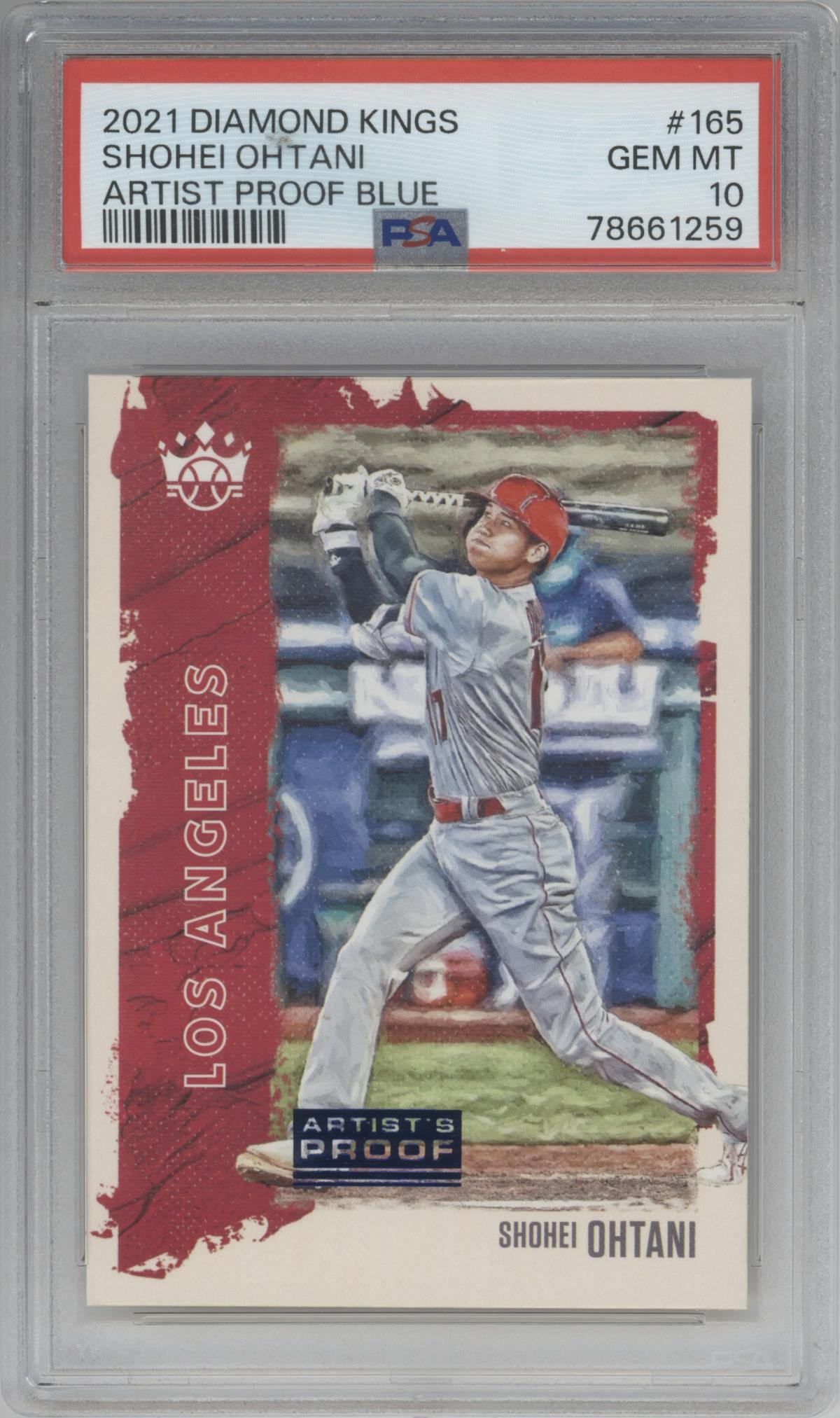 Shohei Ohtani from the 2021 Panini Diamond Kings set featuring a Artist Proof AP Blue parallel graded by PSA and given an overall grade of 10.