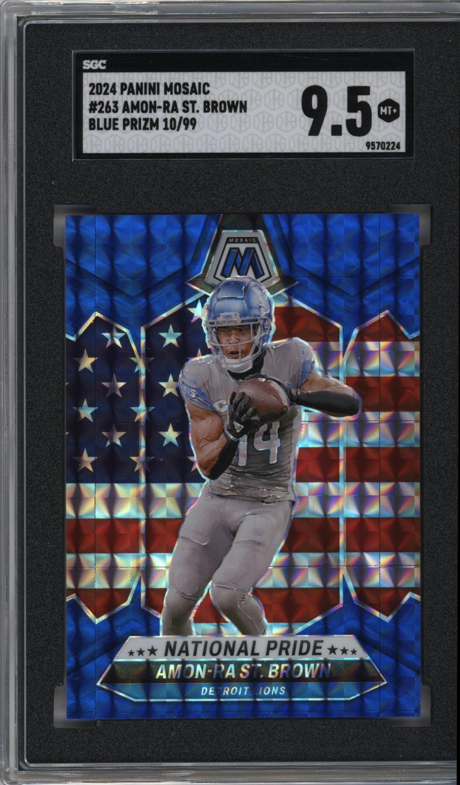 Amon-Ra St. Brown from the 2024 Panini Mosaic set featuring a Blue Mosaic parallel graded by SGC and given an overall grade of 9.5.