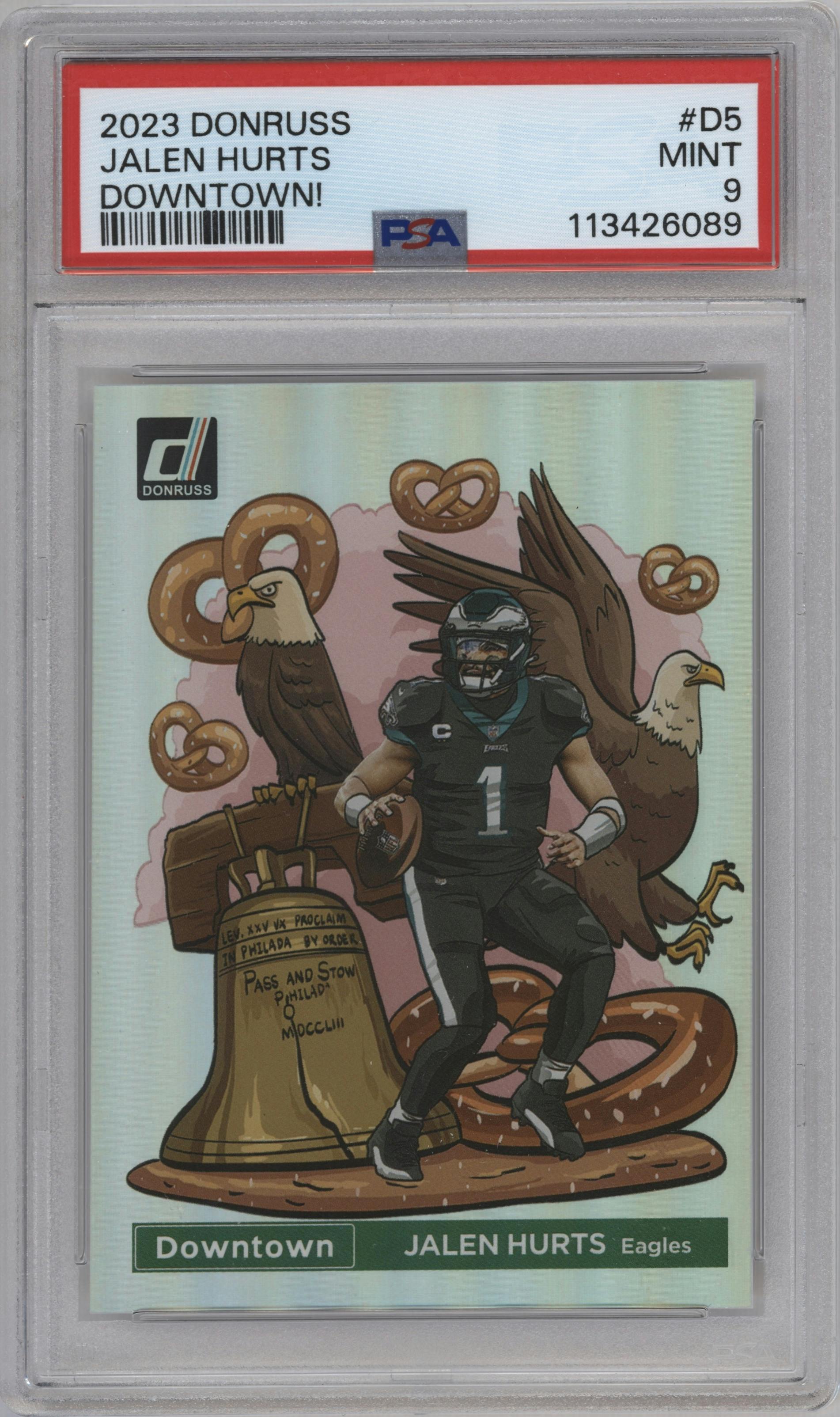 Jalen Hurts from the 2023 Panini Donruss set graded by PSA and given an overall grade of 9.