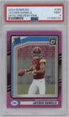 Jayden Daniels from the 2024 Donruss set featuring a Pink parallel graded by PSA and given an overall grade of 9.