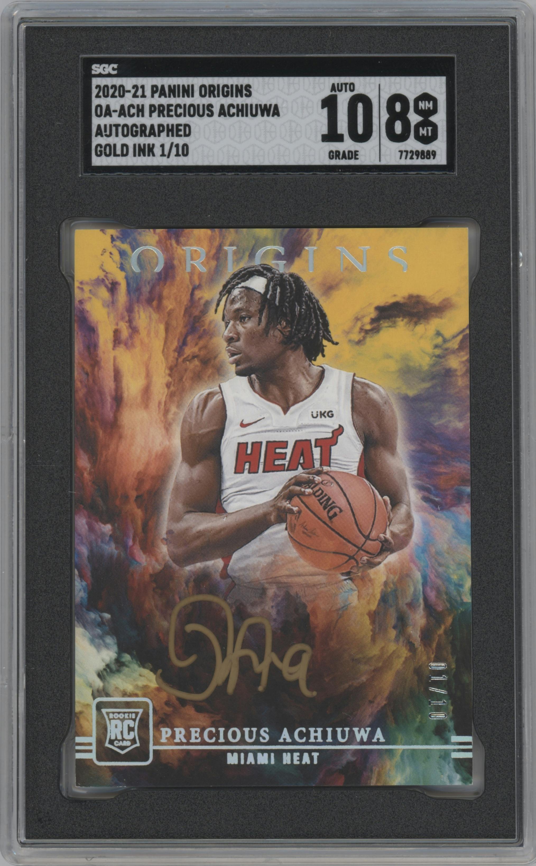 Precious Achiuwa from the 2020-21 Panini Origins  set featuring a Gold Ink parallel graded by SGC and given an overall grade of 8.