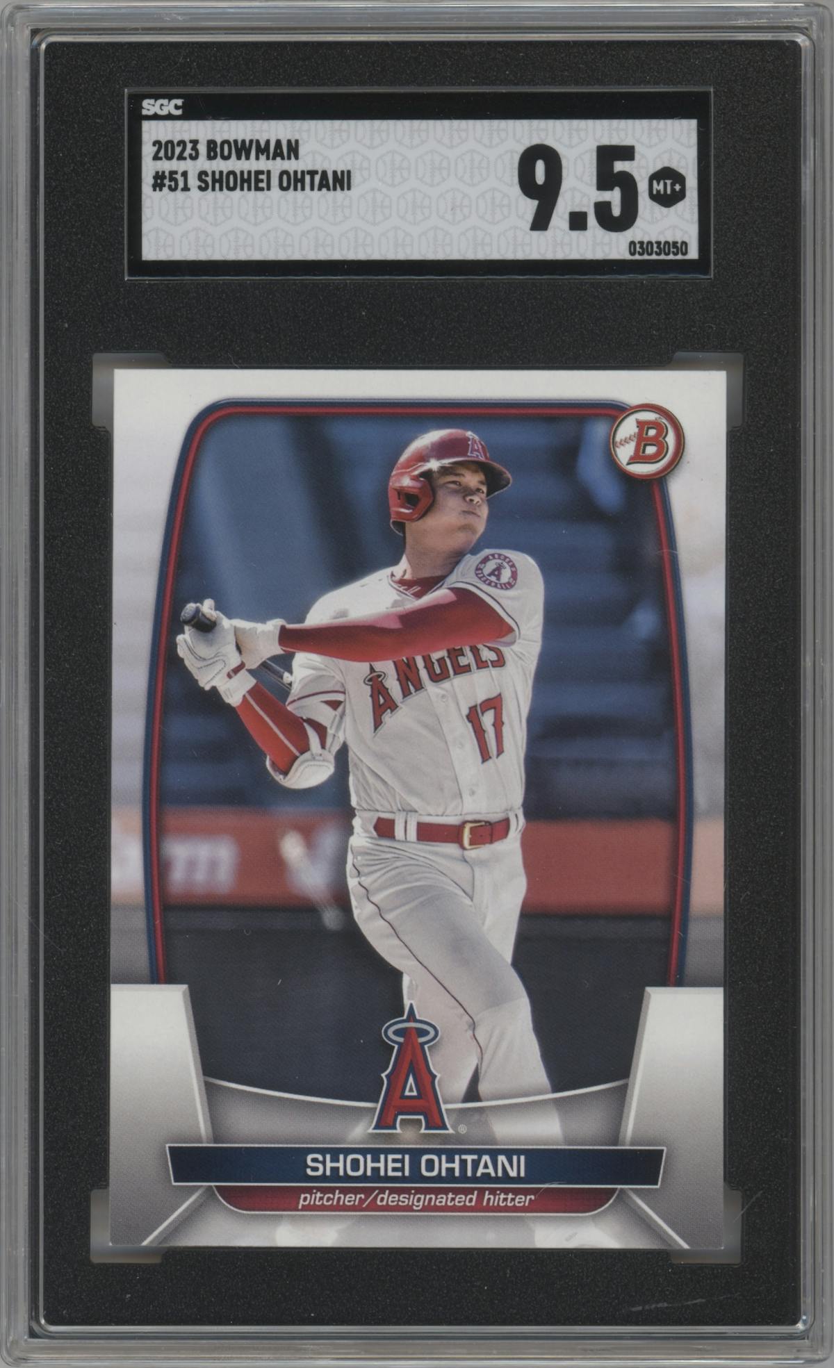 Shohei Ohtani from the 2023 Bowman  set graded by SGC and given an overall grade of 9.5.