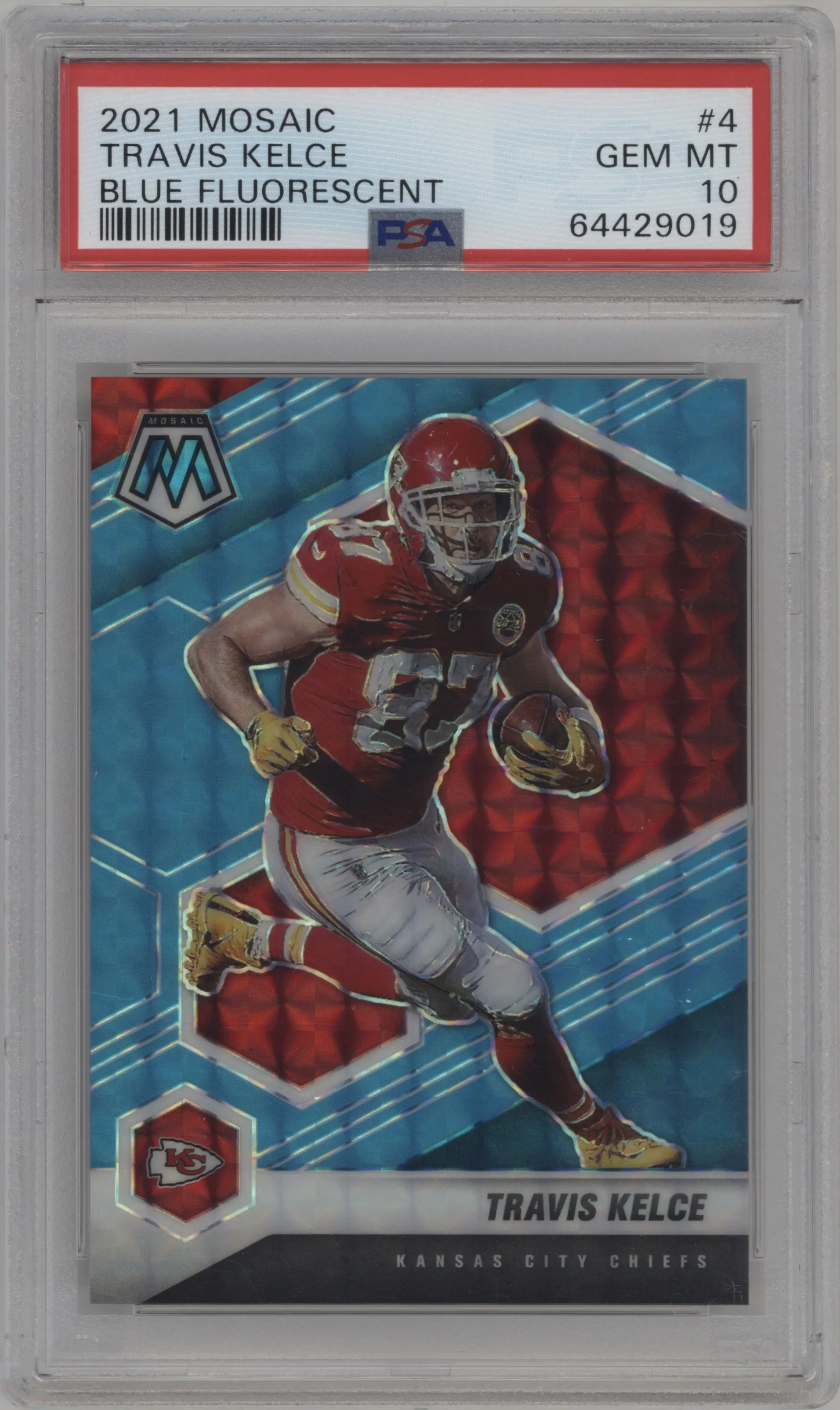 2021 Panini Mosaic Travis Kelce Blue Fluorescent #4 PSA 10