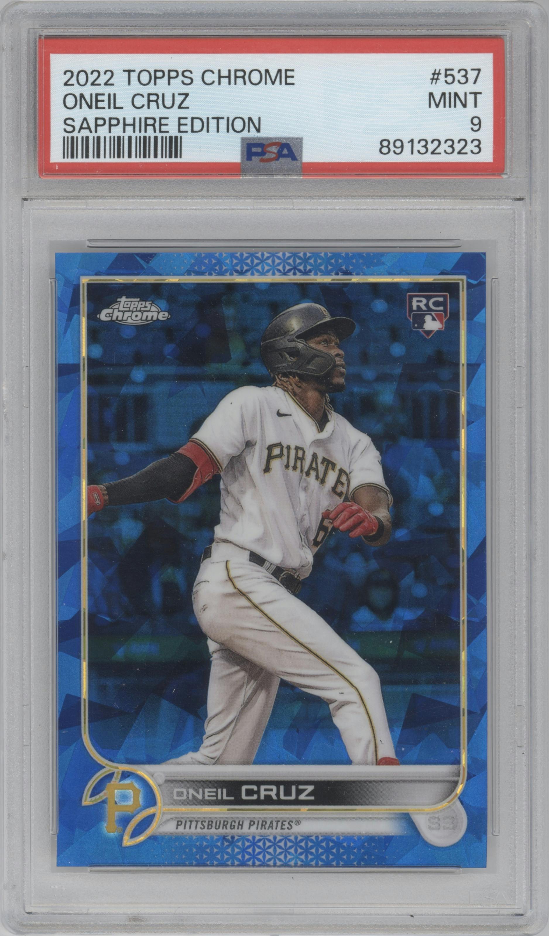 Oneil Cruz from the 2022 Topps Chrome Sapphire Edition  set graded by PSA and given an overall grade of 9.