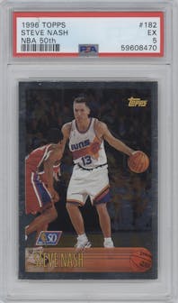 Steve Nash from the 1996-97 Topps set featuring a NBA at 50 parallel graded by PSA and given an overall grade of 5.