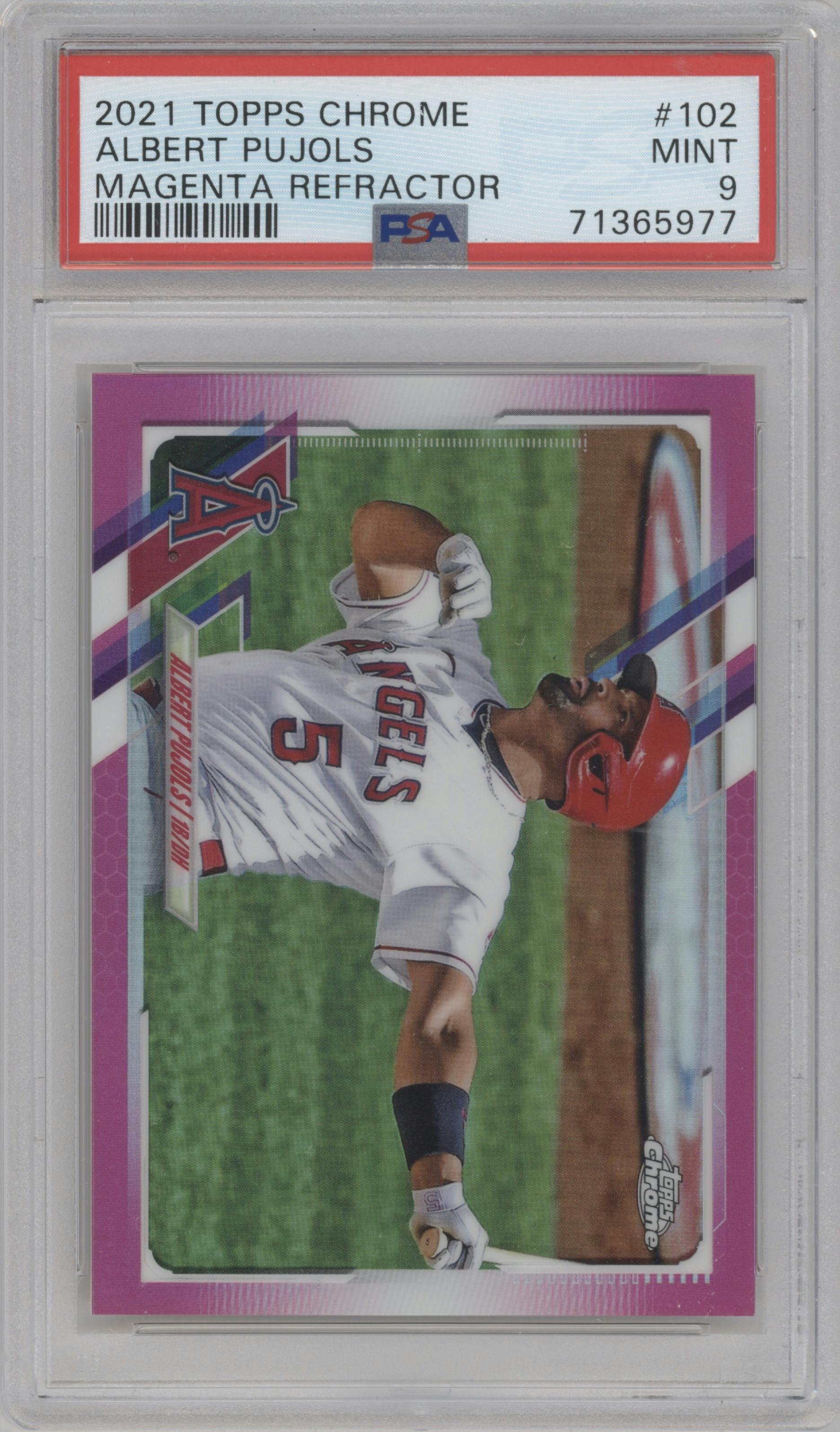 Albert Pujols from the 2021 Topps Chrome set featuring a Magenta Refractor  parallel graded by PSA and given an overall grade of 9.
