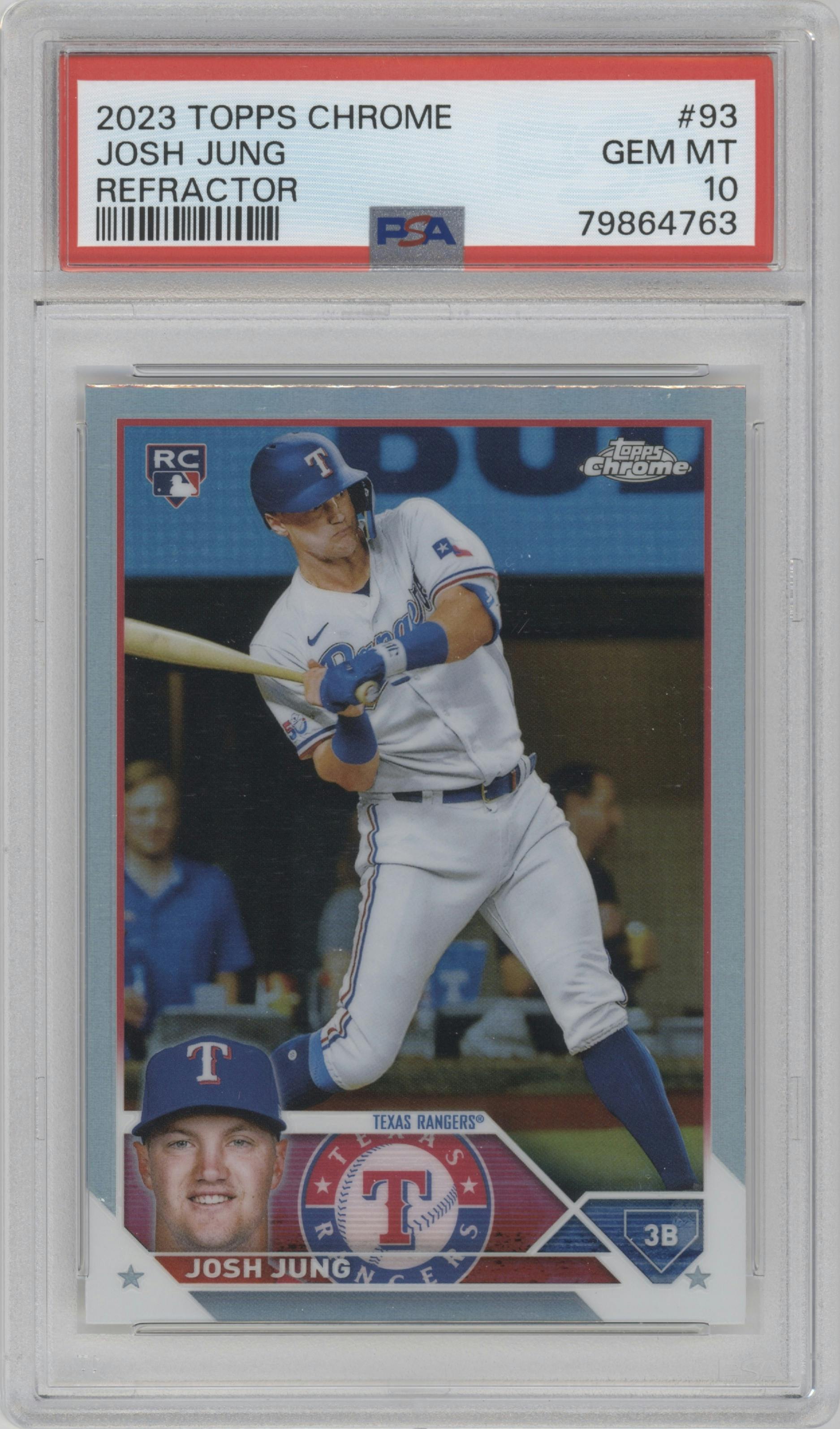 Josh Jung from the 2023 Topps Chrome set featuring a Refractor parallel graded by PSA and given an overall grade of 10.