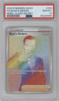 Boss's Orders from the 2020 Pokemon SWSH set graded by PSA and given an overall grade of 10.