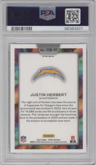 Justin Herbert from the 2023 Panini Prizm set graded by PSA and given an overall grade of 10.